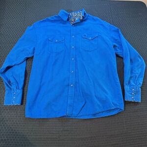 Wrangler Troubadour Collection Mens Large Blue Houndstooth‎ Pearl Snap Shirt